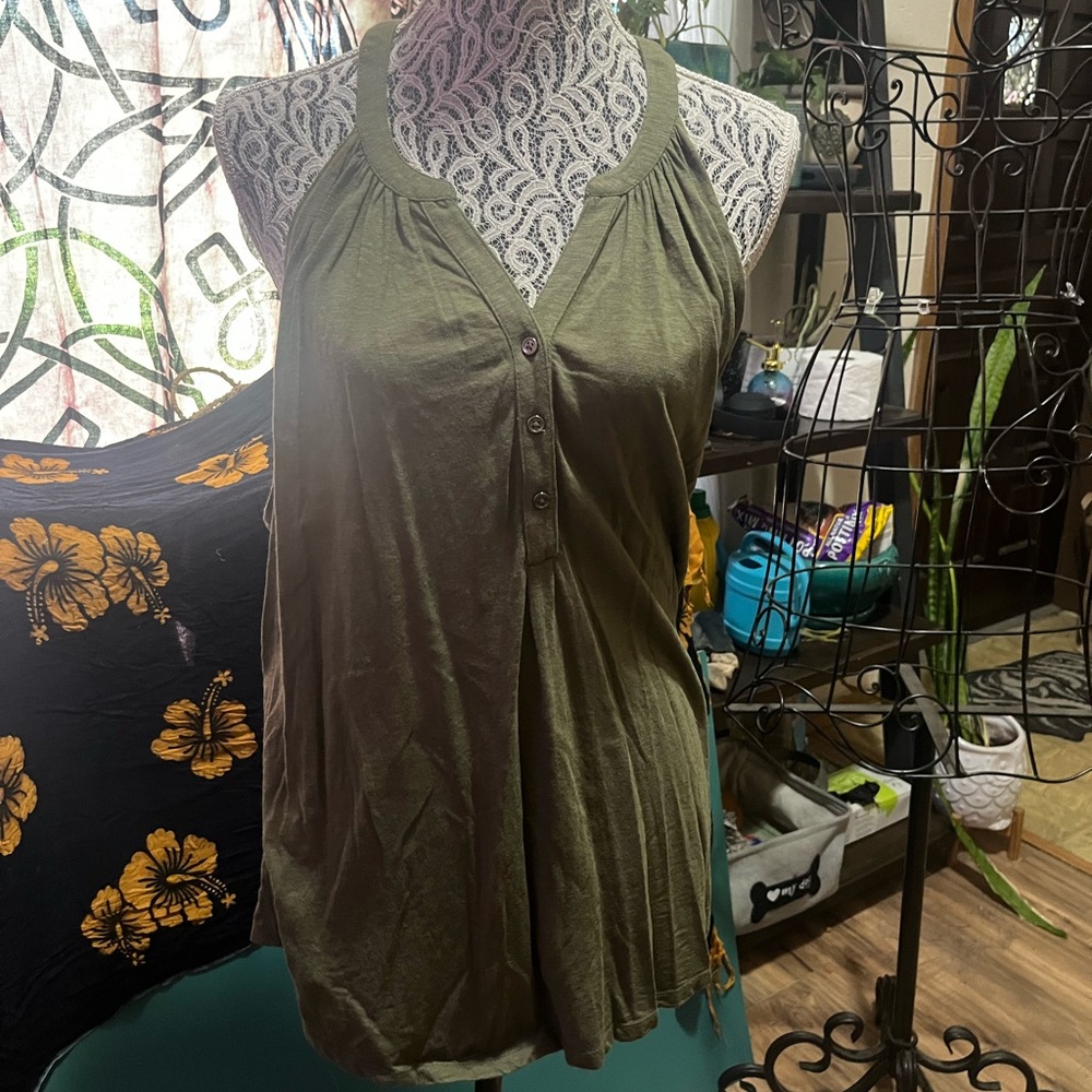 Dip- Olive Green Tank Top with Half Button-Down Front